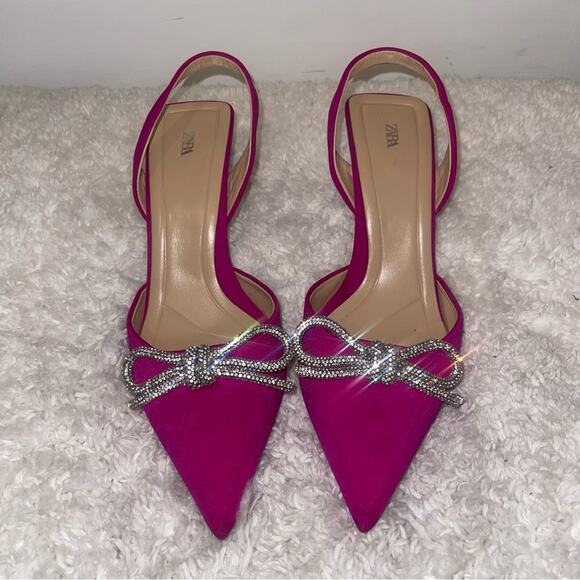 Zara Pink Slingback Heel Satin Effect Rhinestone Bow Shoes - Picture 2 of 9